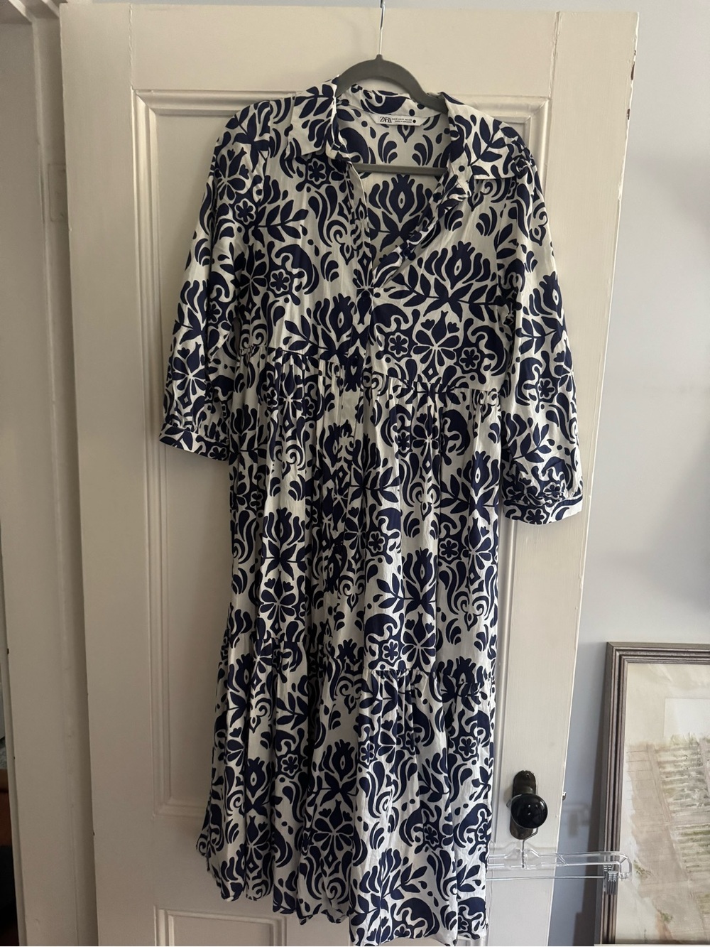 Zara White and Navy Floral Button-Front Tiered Midi Dress